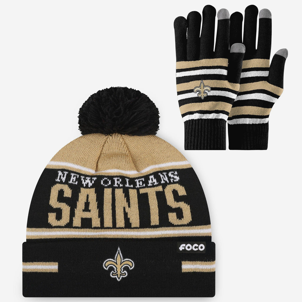 New Orleans Saints Stretch Glove & Big Wordmark Stripe Pom Beanie Set FOCO - FOCO.com