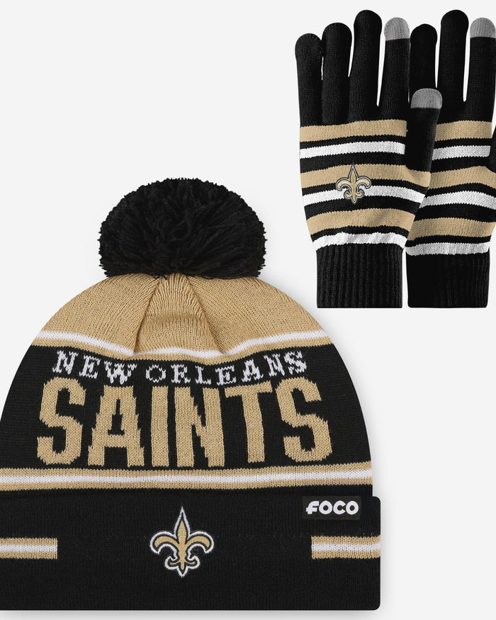 New Orleans Saints Stretch Glove & Big Wordmark Stripe Pom Beanie Set FOCO - FOCO.com