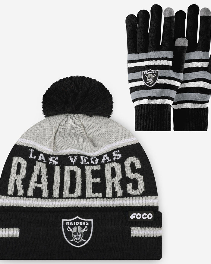 Las Vegas Raiders Stretch Glove & Big Wordmark Stripe Pom Beanie Set FOCO - FOCO.com