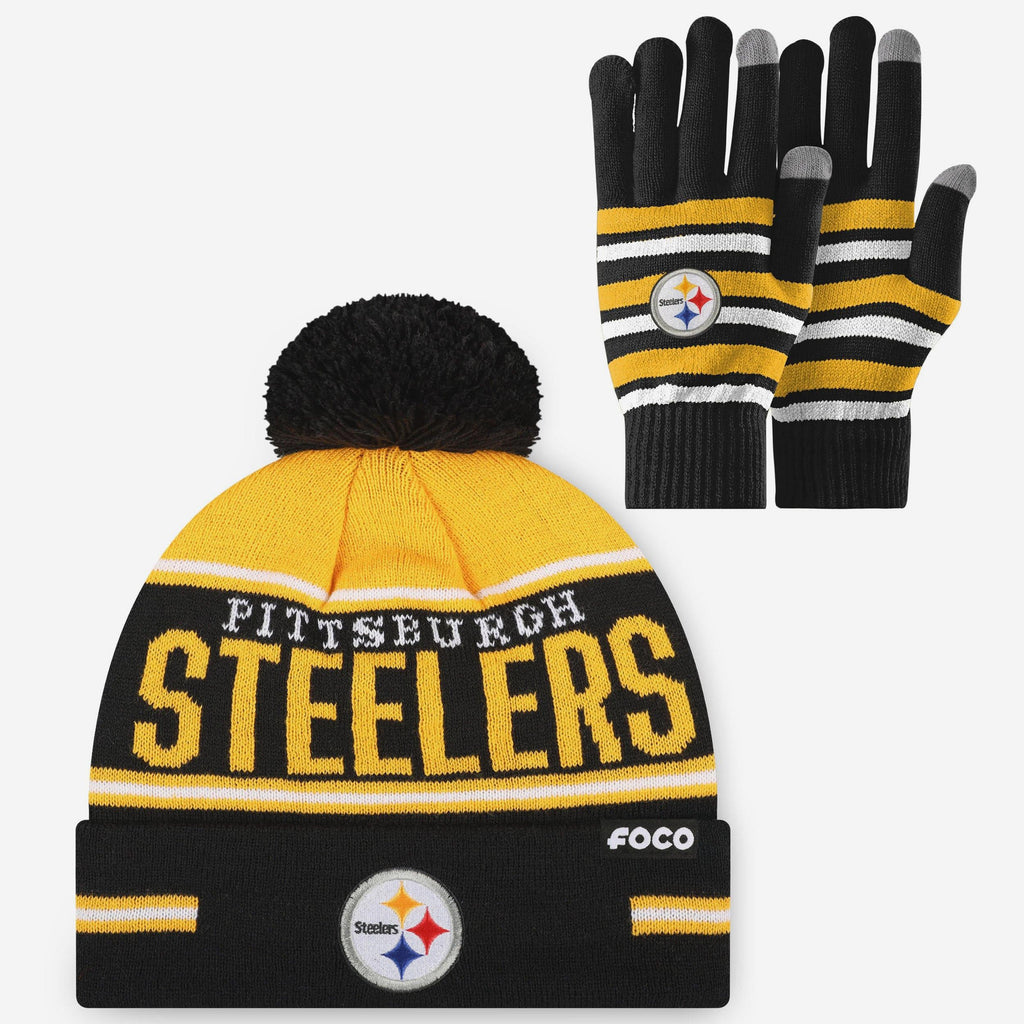 Pittsburgh Steelers Stretch Glove & Big Wordmark Stripe Pom Beanie Set FOCO - FOCO.com