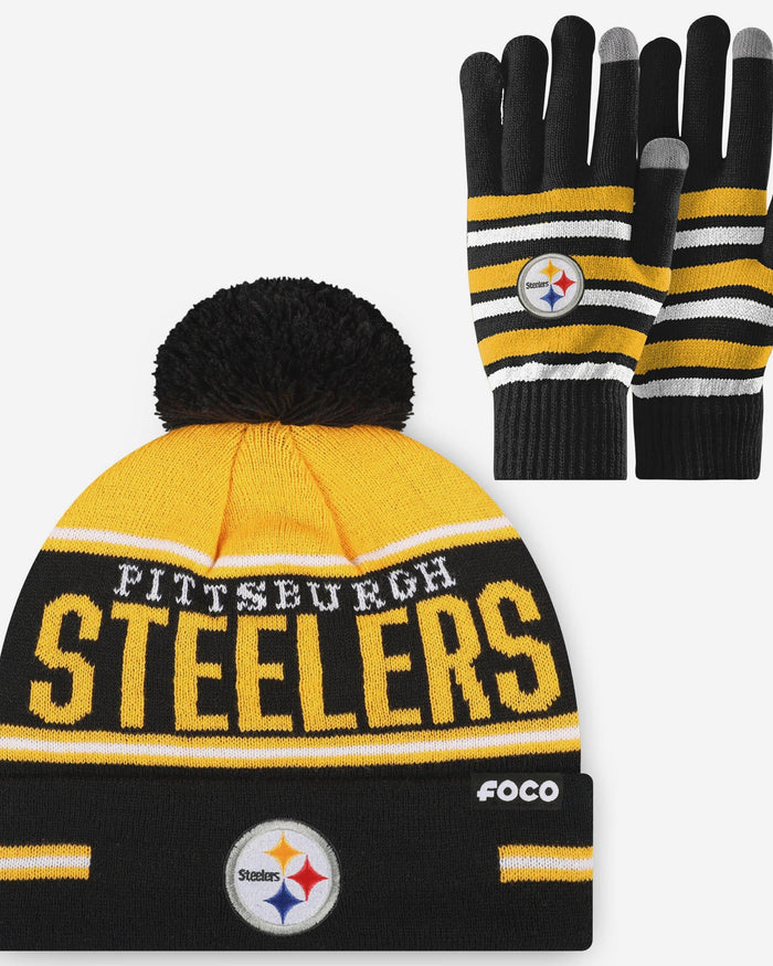 Pittsburgh Steelers Stretch Glove & Big Wordmark Stripe Pom Beanie Set FOCO - FOCO.com