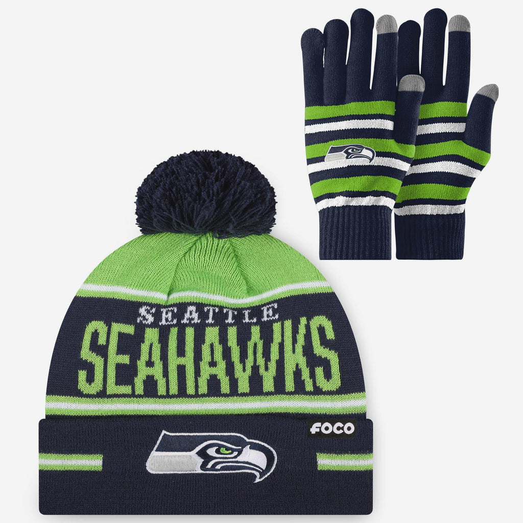 Seattle Seahawks Stretch Glove & Big Wordmark Stripe Pom Beanie Set FOCO - FOCO.com