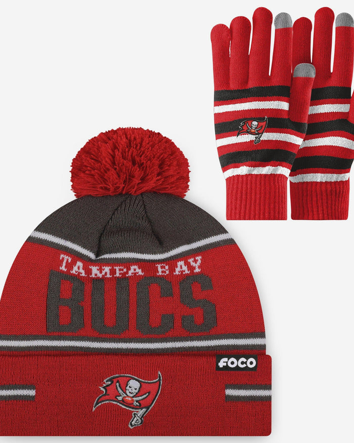 Tampa Bay Buccaneers Stretch Glove & Big Wordmark Stripe Pom Beanie Set FOCO - FOCO.com