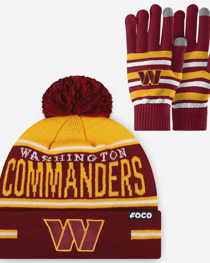 Washington Commanders Stretch Glove & Big Wordmark Stripe Pom Beanie Set FOCO - FOCO.com