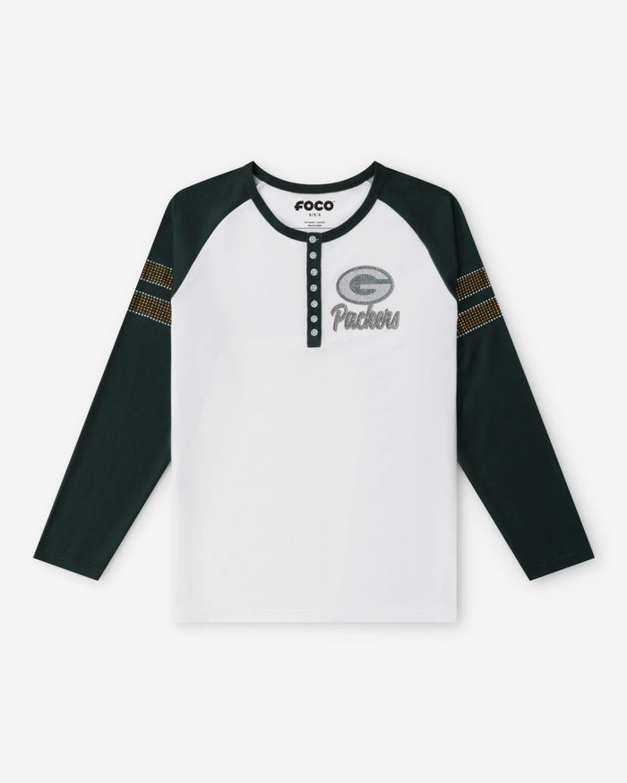 Green Bay Packers Rhinestone Long Sleeve Henley FOCO S - FOCO.com