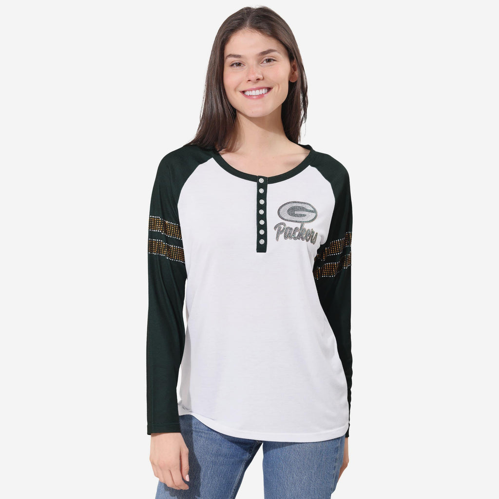 Green Bay Packers Rhinestone Long Sleeve Henley FOCO S - FOCO.com