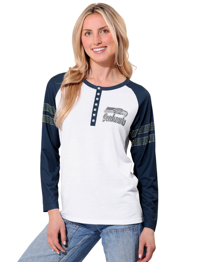 Seattle Seahawks Rhinestone Long Sleeve Henley FOCO S - FOCO.com
