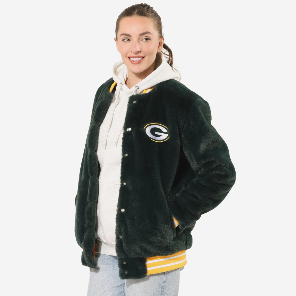 Green Bay Packers Womens Oversized Faux Fur Bomber Jacket FOCO S - FOCO.com