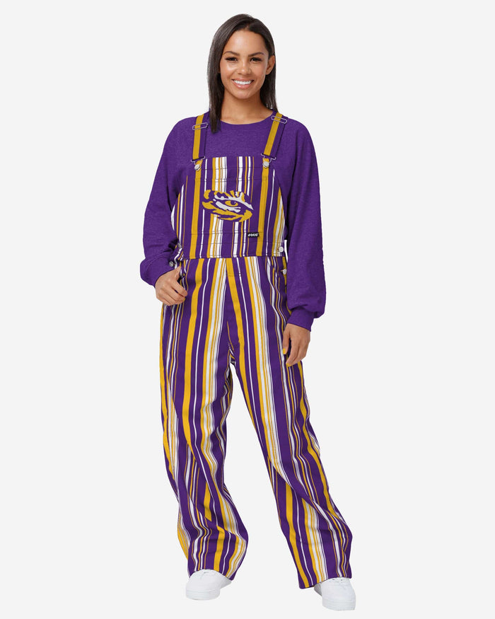 LSU Tigers Womens Hyper Stripe Bib Overalls FOCO XS - FOCO.com