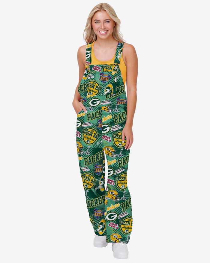 Green Bay Packers Womens Historic Print Bib Overalls FOCO XS - FOCO.com