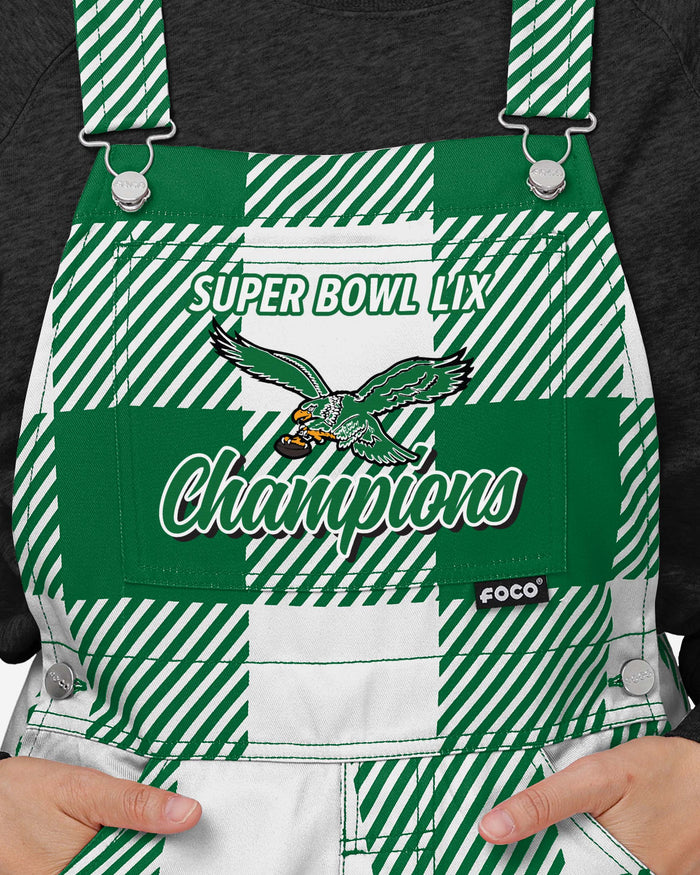 Philadelphia Eagles Super Bowl LIX Champions Kelly Green Womens Plaid Bib Overalls FOCO - FOCO.com