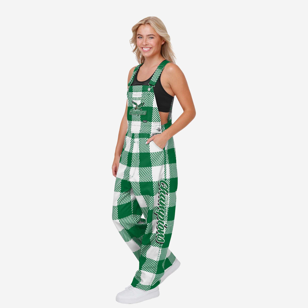 Philadelphia Eagles Super Bowl LIX Champions Kelly Green Womens Plaid Bib Overalls FOCO XS - FOCO.com