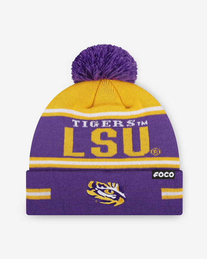 LSU Tigers Big Wordmark Stripe Pom Beanie FOCO - FOCO.com