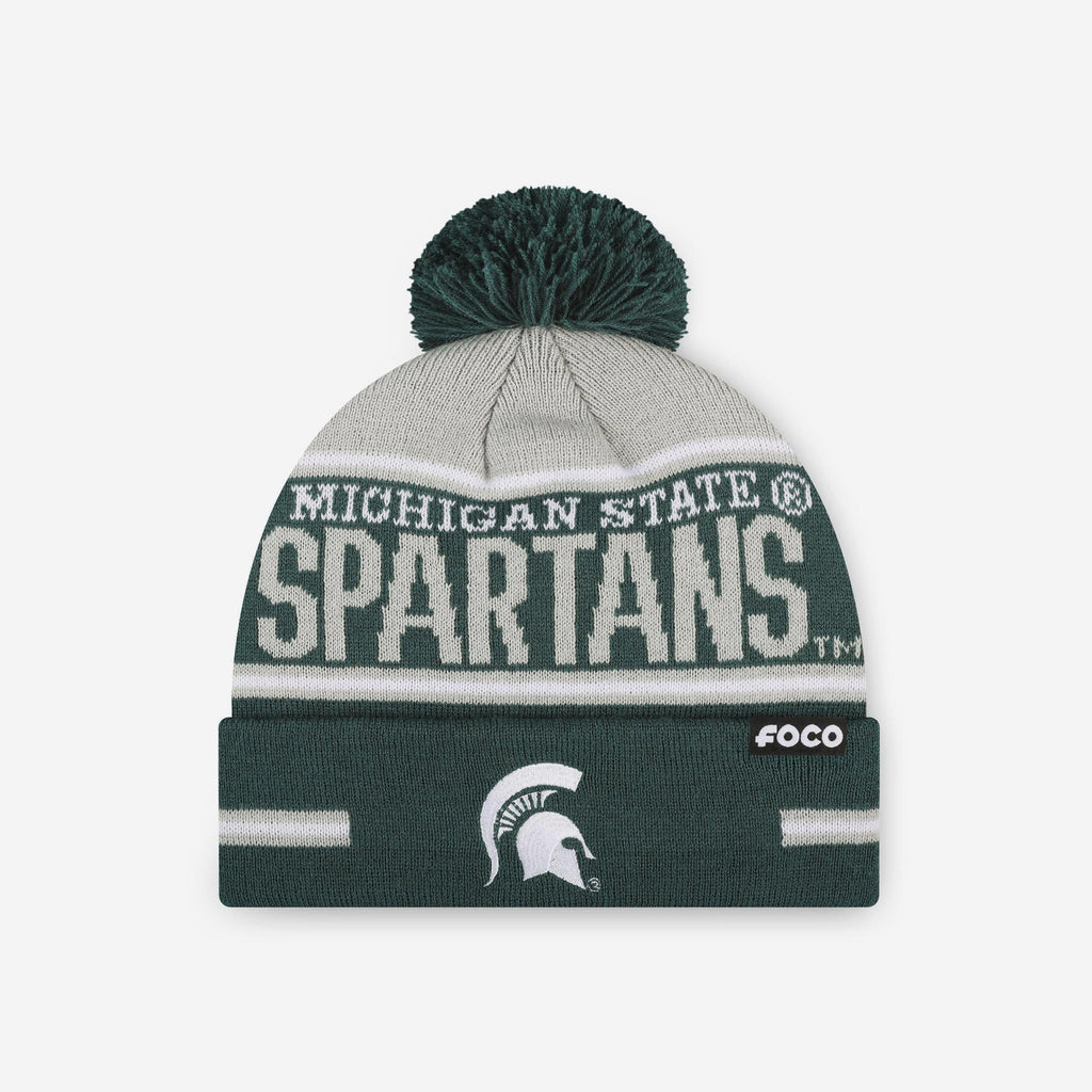 Michigan State Spartans Big Wordmark Stripe Pom Beanie FOCO - FOCO.com