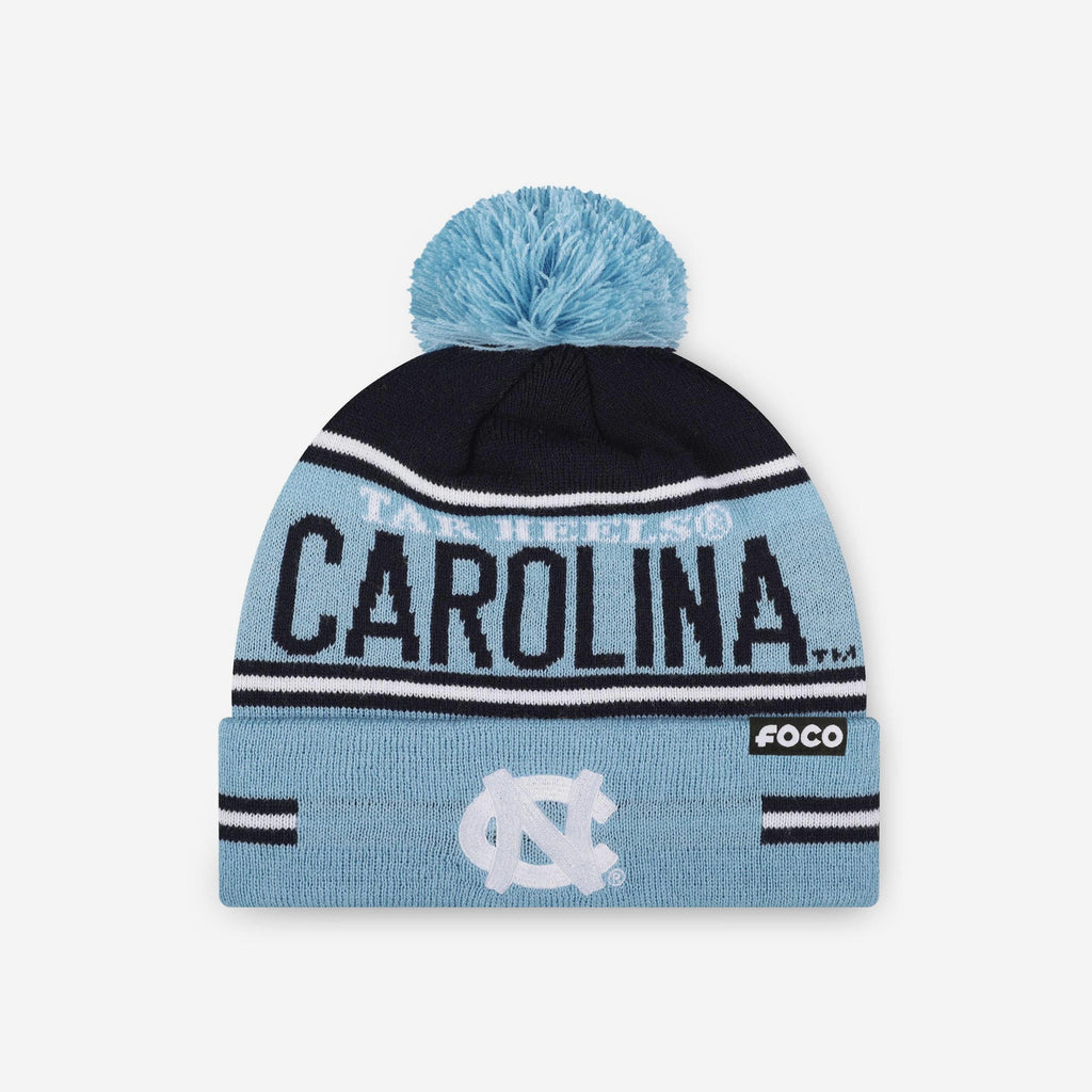North Carolina Tar Heels Big Wordmark Stripe Pom Beanie FOCO - FOCO.com