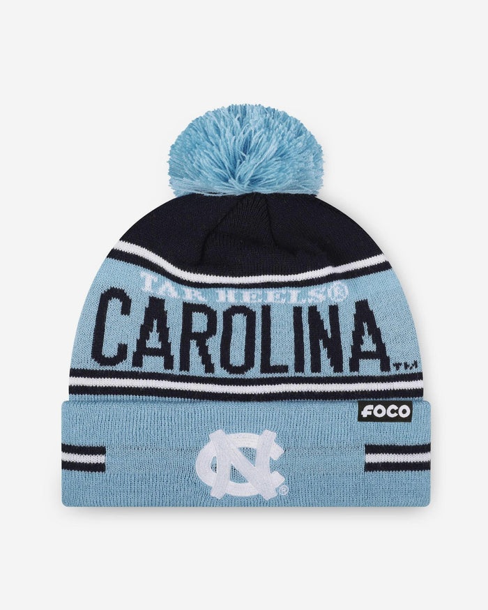 North Carolina Tar Heels Big Wordmark Stripe Pom Beanie FOCO - FOCO.com
