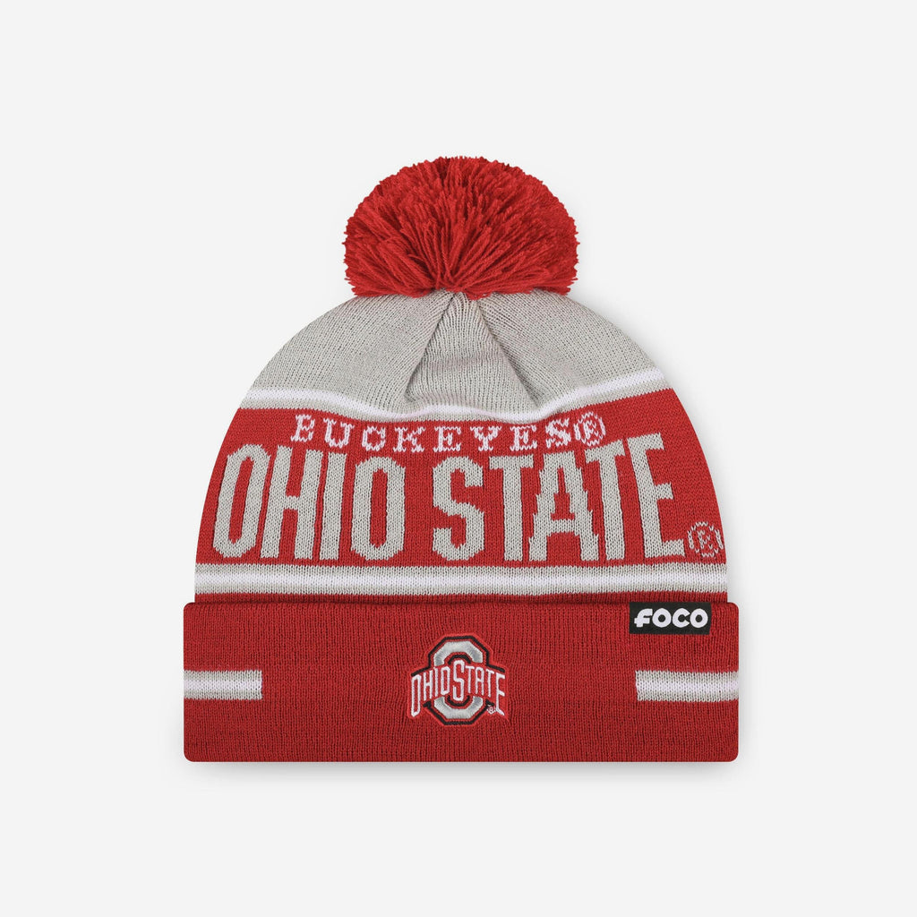 Ohio State Buckeyes Big Wordmark Stripe Pom Beanie FOCO - FOCO.com