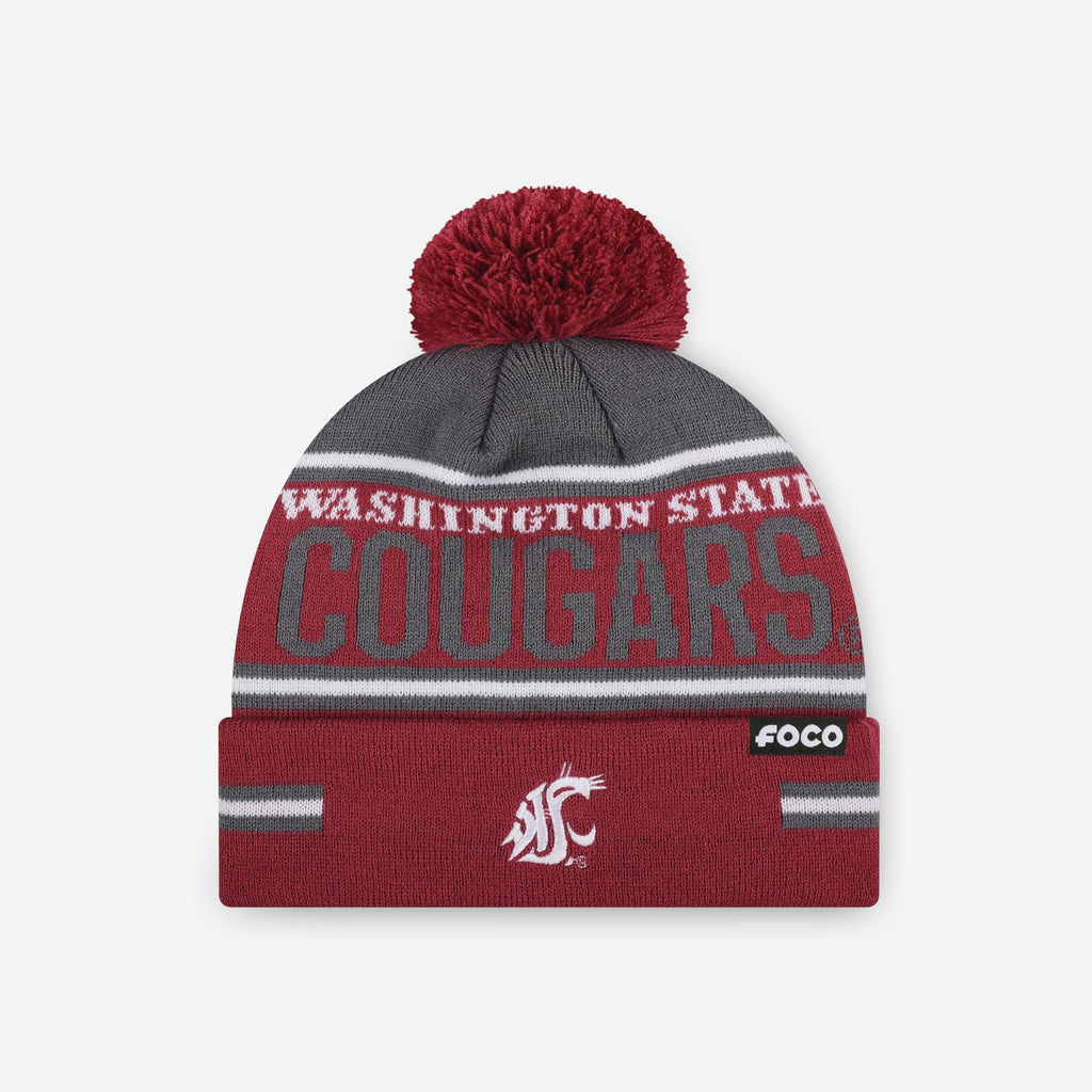 Washington State Cougars Big Wordmark Stripe Pom Beanie FOCO - FOCO.com