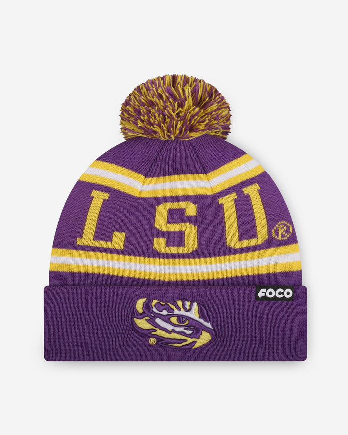 LSU Tigers Primary Stripe Pom Beanie FOCO - FOCO.com