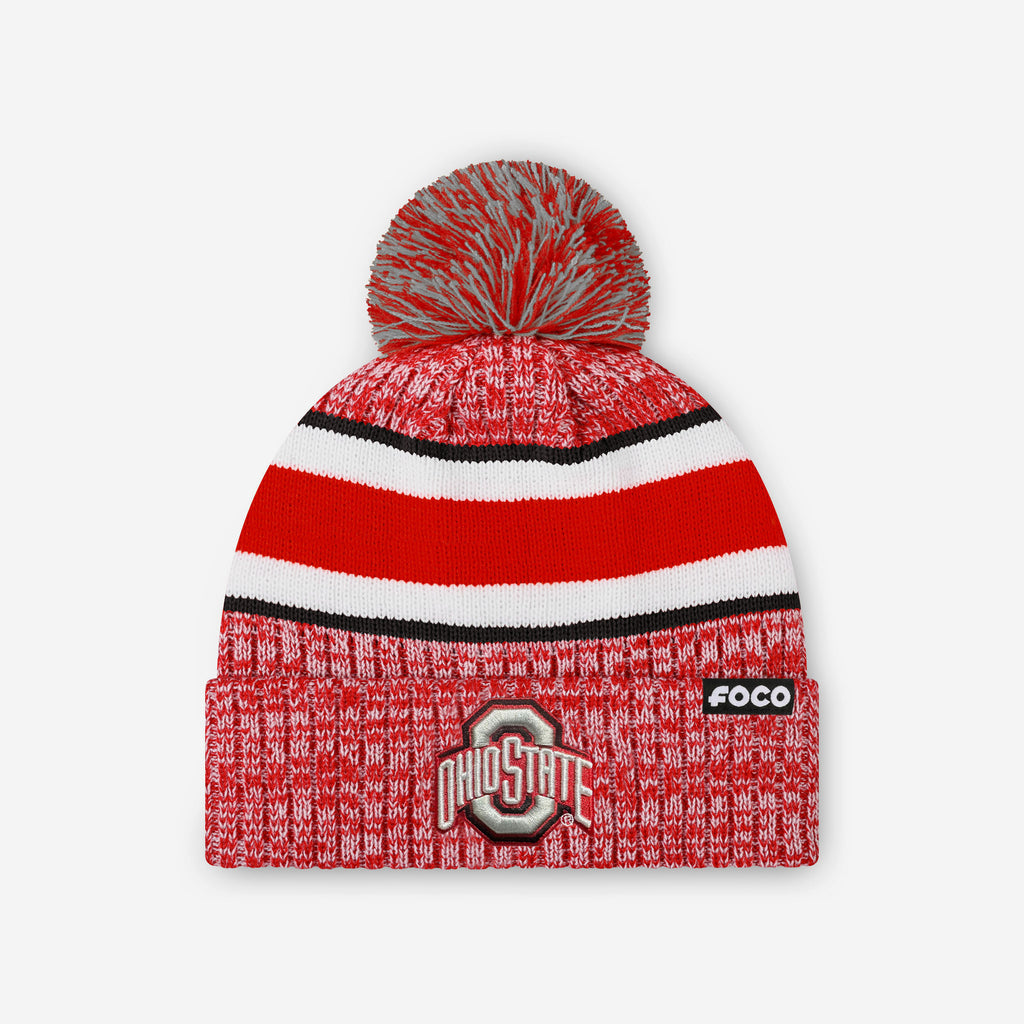 Ohio State Buckeyes Heather Team Stripe Lined Pom Beanie FOCO - FOCO.com