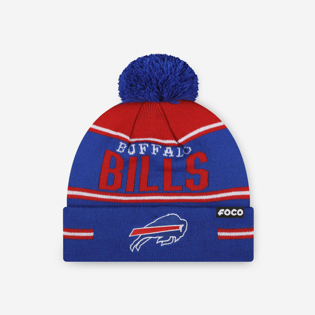 Buffalo Bills Big Wordmark Stripe Pom Beanie FOCO - FOCO.com