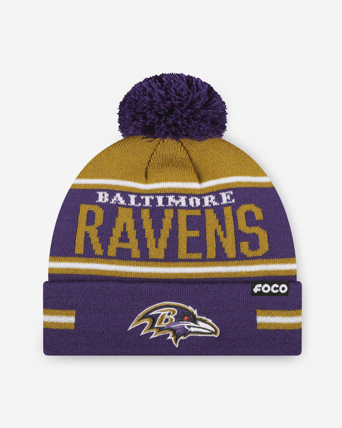 Baltimore Ravens Big Wordmark Stripe Pom Beanie FOCO - FOCO.com