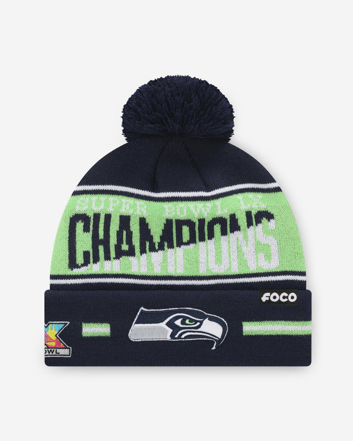 Seattle Seahawks Super Bowl LX Champions Big Wordmark Stripe Pom Beanie FOCO - FOCO.com