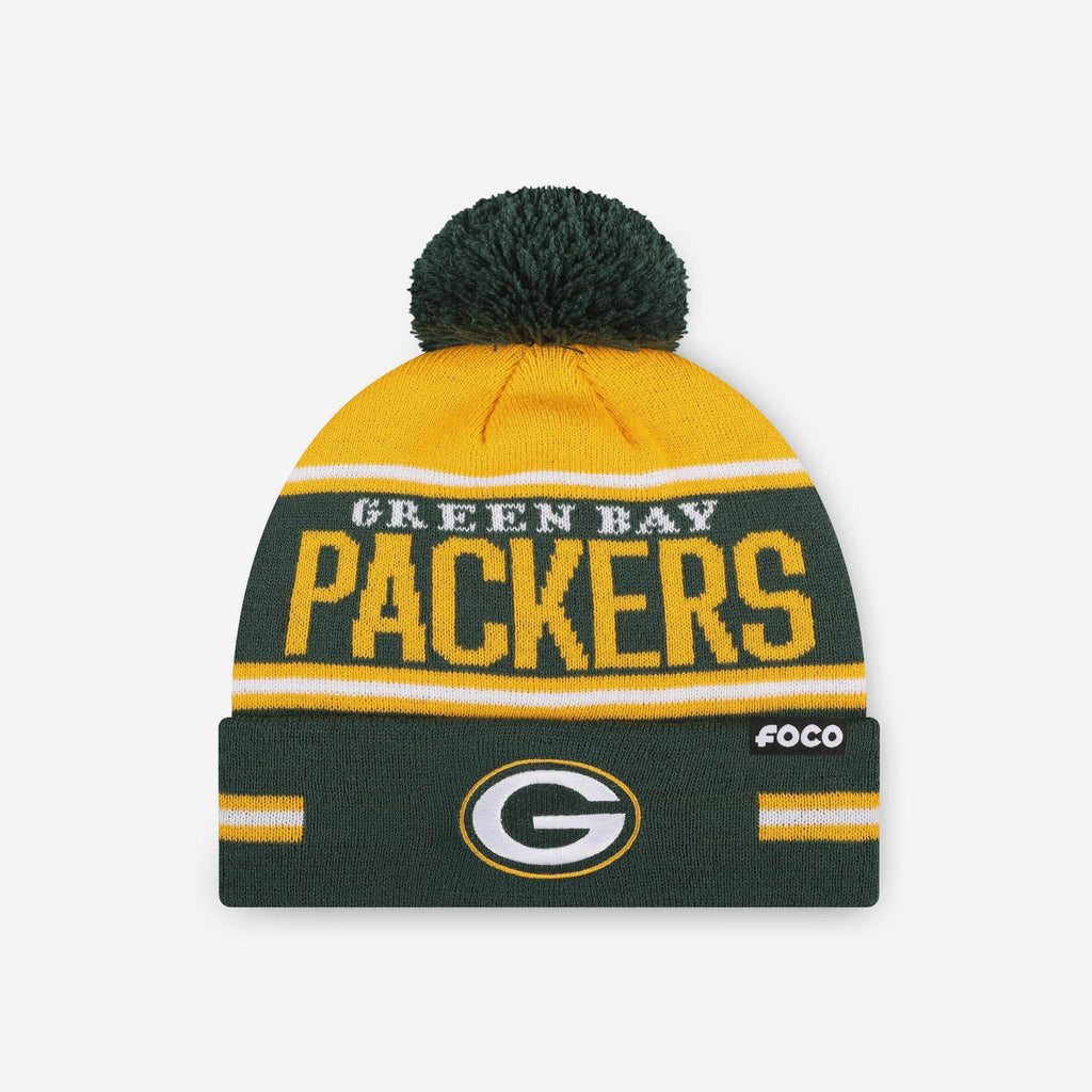 Green Bay Packers Big Wordmark Stripe Pom Beanie FOCO - FOCO.com