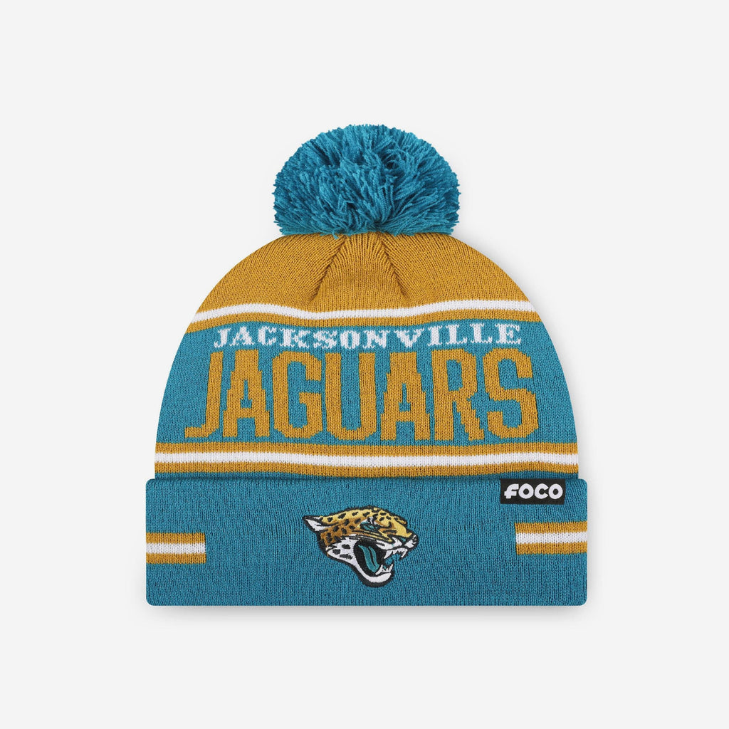 Jacksonville Jaguars Big Wordmark Stripe Pom Beanie FOCO - FOCO.com