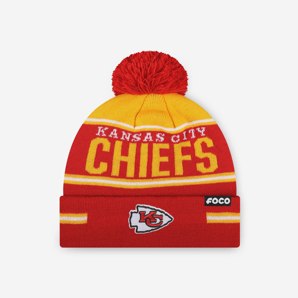 Kansas City Chiefs Big Wordmark Stripe Pom Beanie FOCO - FOCO.com