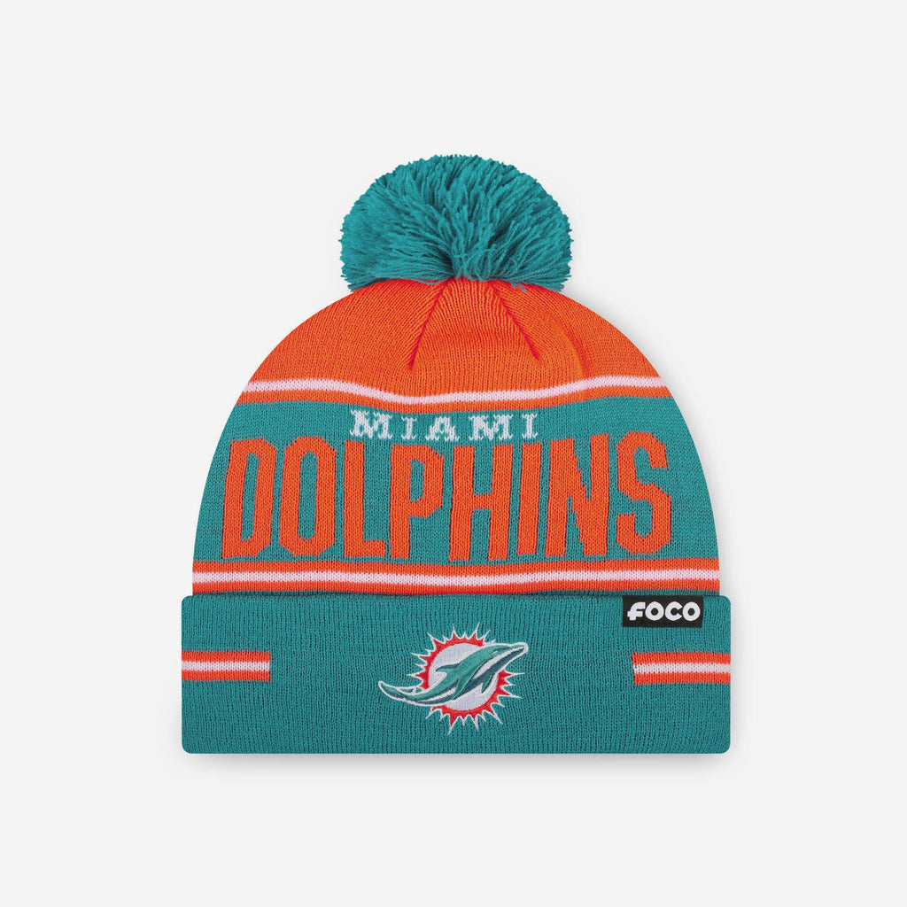 Miami Dolphins Big Wordmark Stripe Pom Beanie FOCO - FOCO.com