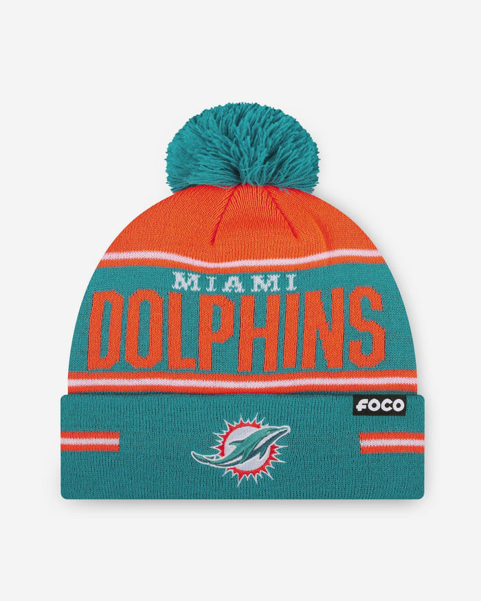 Miami Dolphins Big Wordmark Stripe Pom Beanie FOCO - FOCO.com