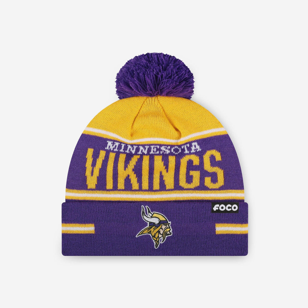Minnesota Vikings Big Wordmark Stripe Pom Beanie FOCO - FOCO.com