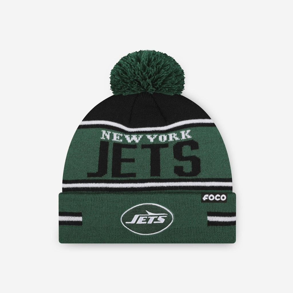 New York Jets Big Wordmark Stripe Pom Beanie FOCO - FOCO.com