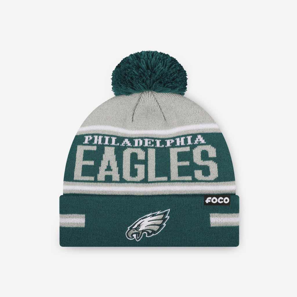 Philadelphia Eagles Big Wordmark Stripe Pom Beanie FOCO - FOCO.com