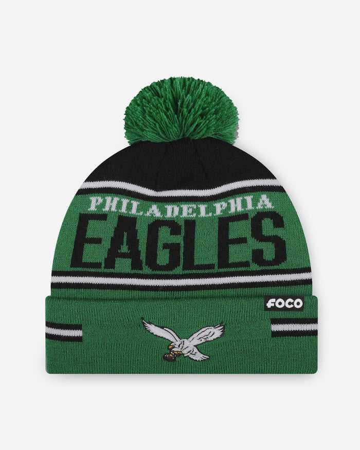 Philadelphia Eagles Kelly Green Big Wordmark Stripe Pom Beanie FOCO - FOCO.com