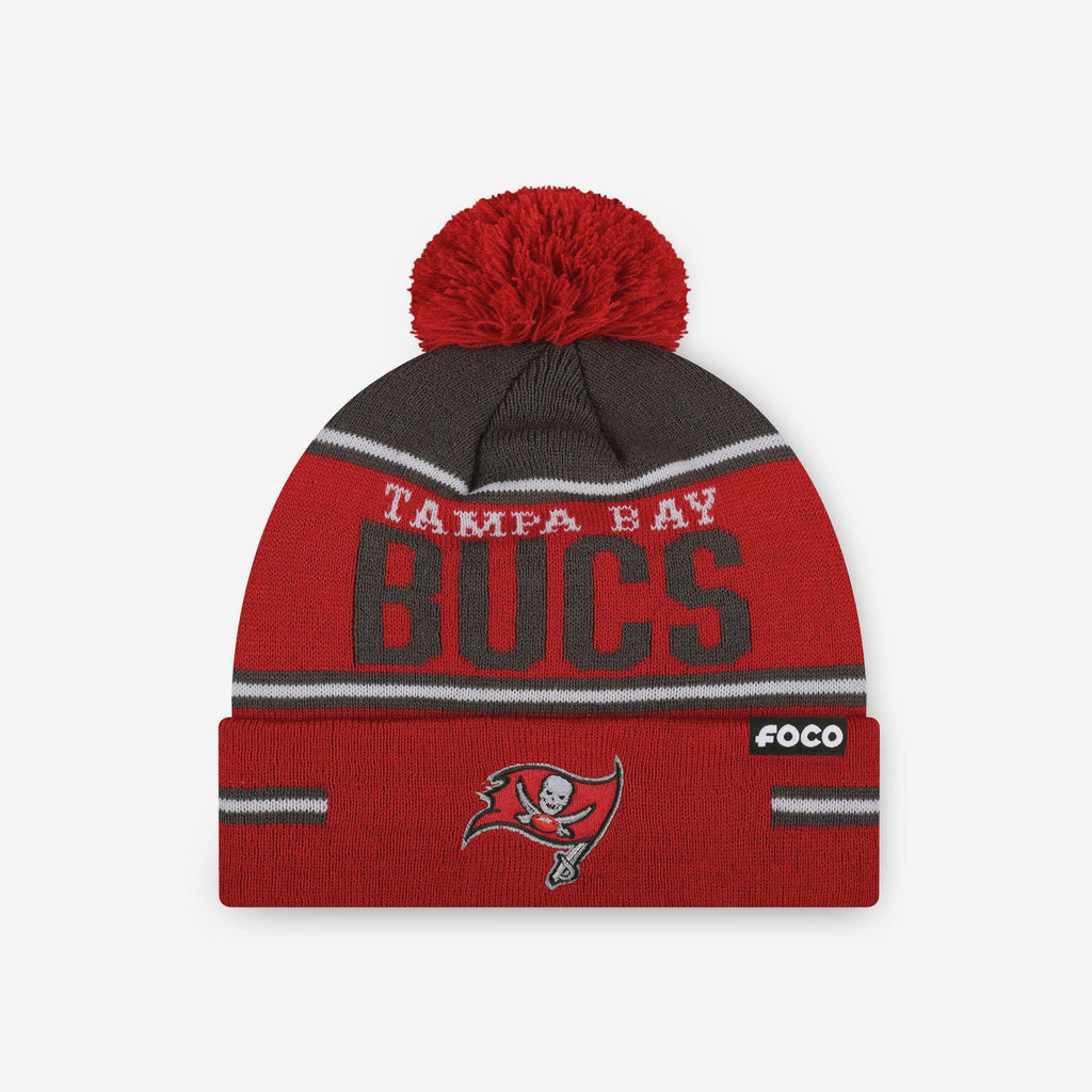 Tampa Bay Buccaneers Big Wordmark Stripe Pom Beanie FOCO - FOCO.com