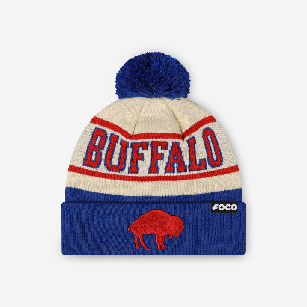 Buffalo Bills Heritage Stripe Retro Logo Pom Beanie FOCO - FOCO.com