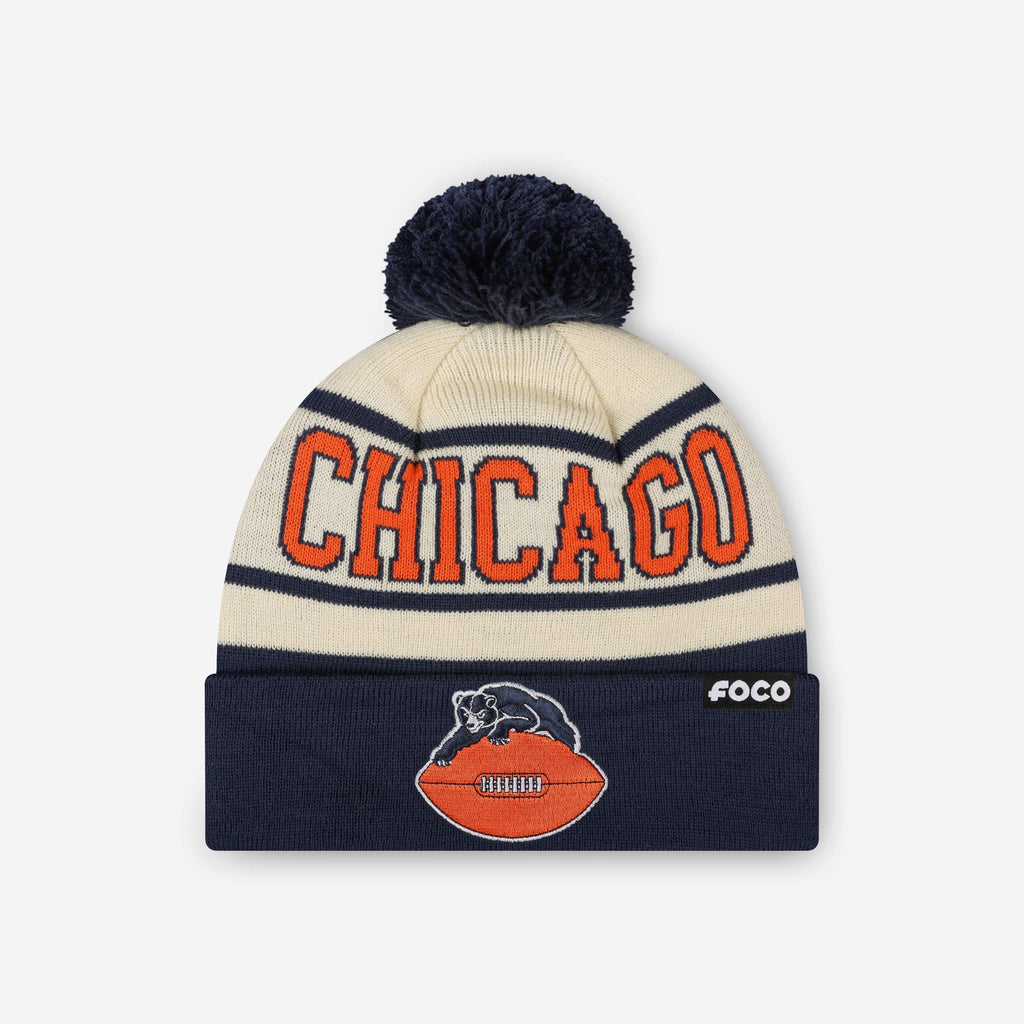 Chicago Bears Heritage Stripe Retro Logo Pom Beanie FOCO - FOCO.com