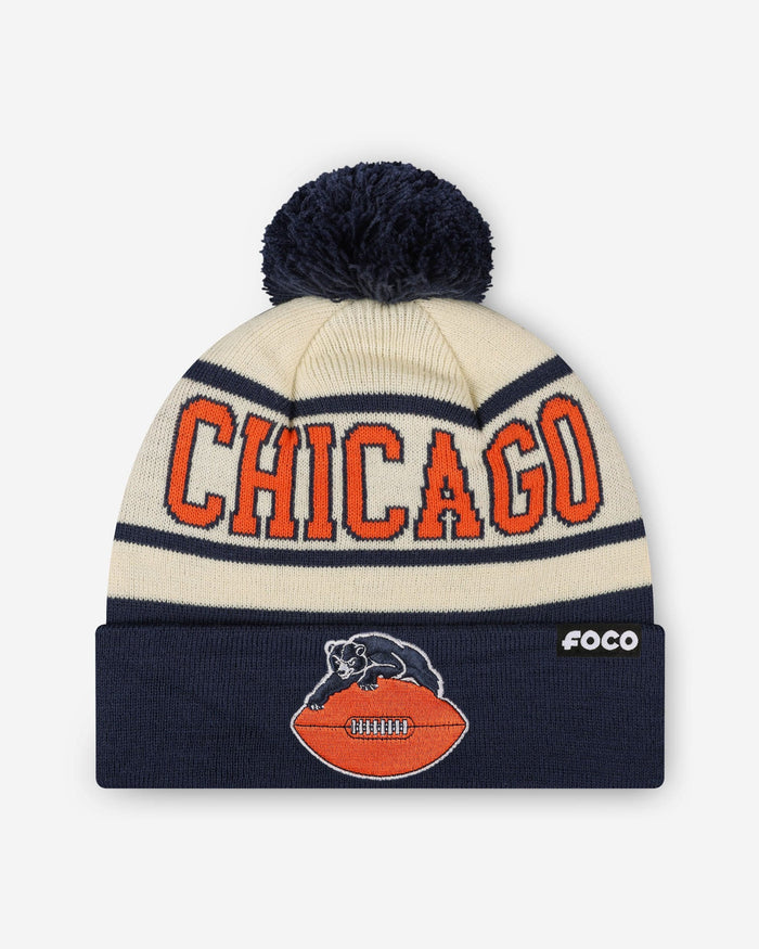 Chicago Bears Heritage Stripe Retro Logo Pom Beanie FOCO - FOCO.com