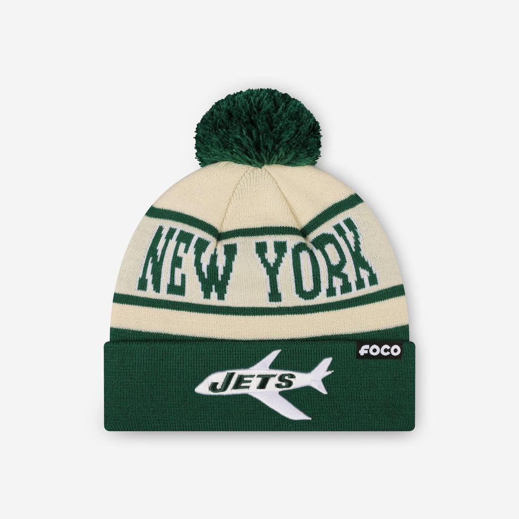 New York Jets Heritage Stripe Retro Logo Pom Beanie FOCO - FOCO.com