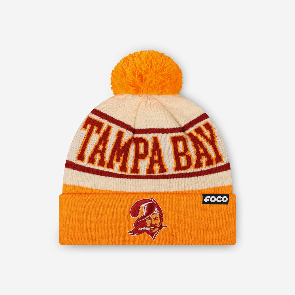 Tampa Bay Buccaneers Heritage Stripe Retro Logo Pom Beanie FOCO - FOCO.com