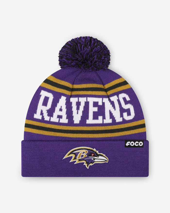 Baltimore Ravens Primary Logo Stripe Pom Beanie FOCO - FOCO.com