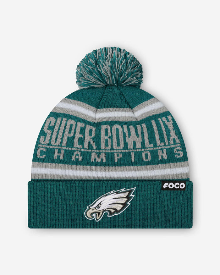 Philadelphia Eagles Super Bowl LIX Champions Midnight Green Primary Logo Stripe Pom Beanie FOCO - FOCO.com