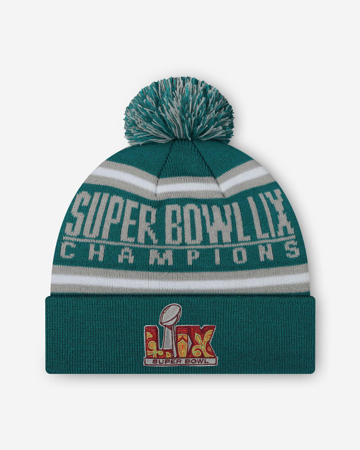 Philadelphia Eagles Super Bowl LIX Champions Midnight Green Primary Logo Stripe Pom Beanie FOCO - FOCO.com