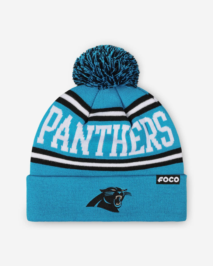 Carolina Panthers Primary Logo Stripe Pom Beanie FOCO - FOCO.com