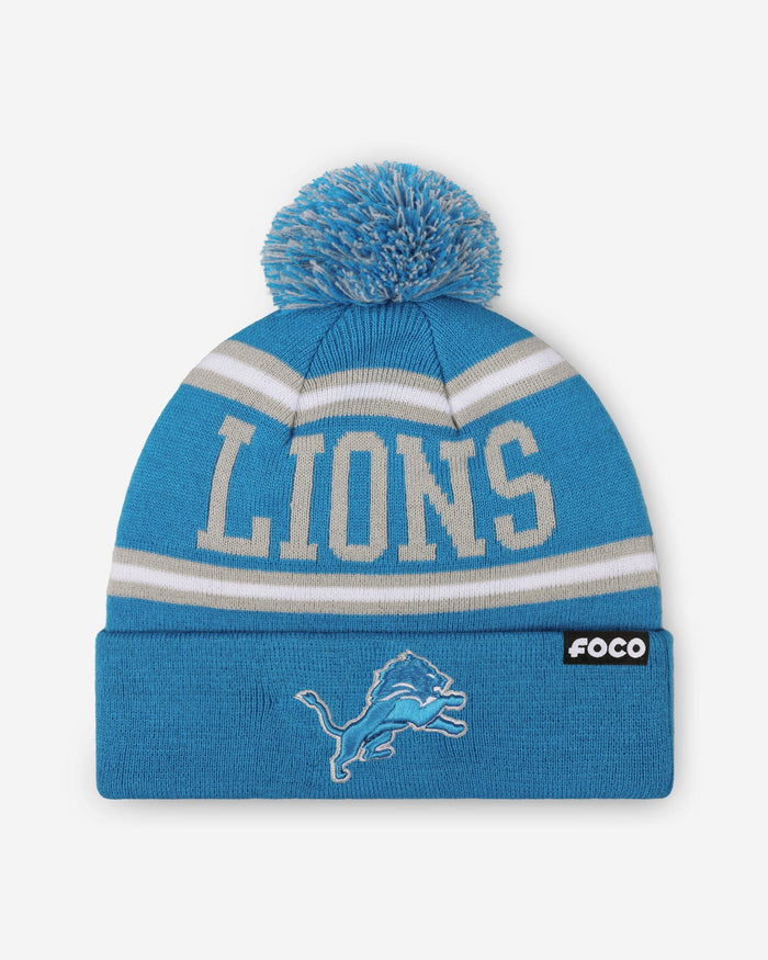 Detroit Lions Primary Logo Stripe Pom Beanie FOCO - FOCO.com