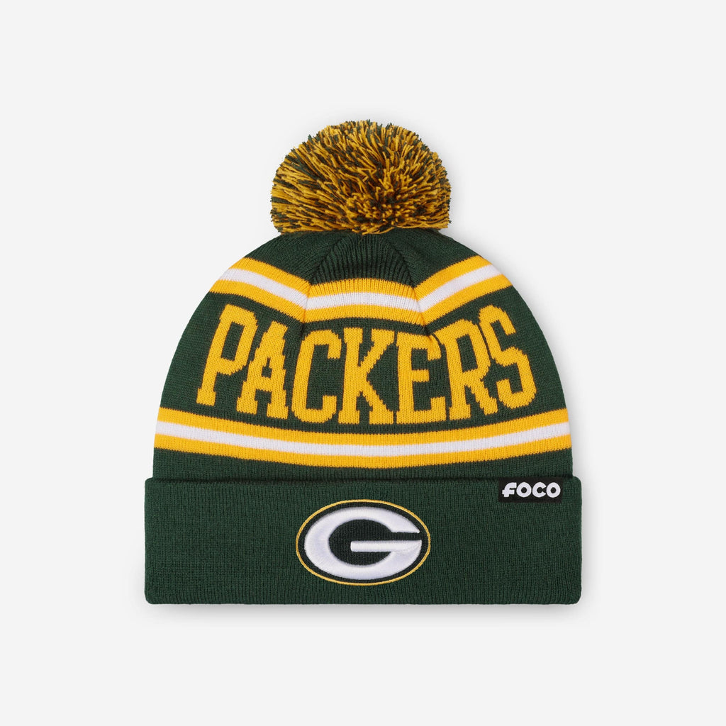 Green Bay Packers Primary Logo Stripe Pom Beanie FOCO - FOCO.com