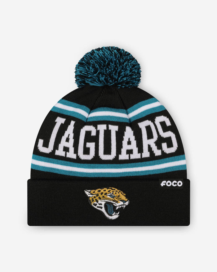 Jacksonville Jaguars Primary Logo Stripe Pom Beanie FOCO - FOCO.com