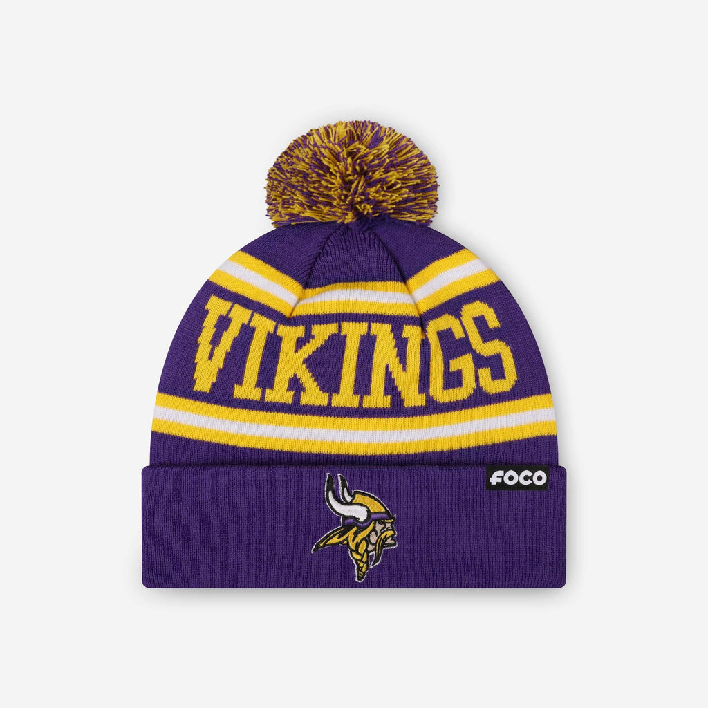 Minnesota Vikings Primary Logo Stripe Pom Beanie FOCO - FOCO.com